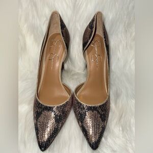 Jessica Simpson Snakeskin Sequin Heels with Pointed Toe